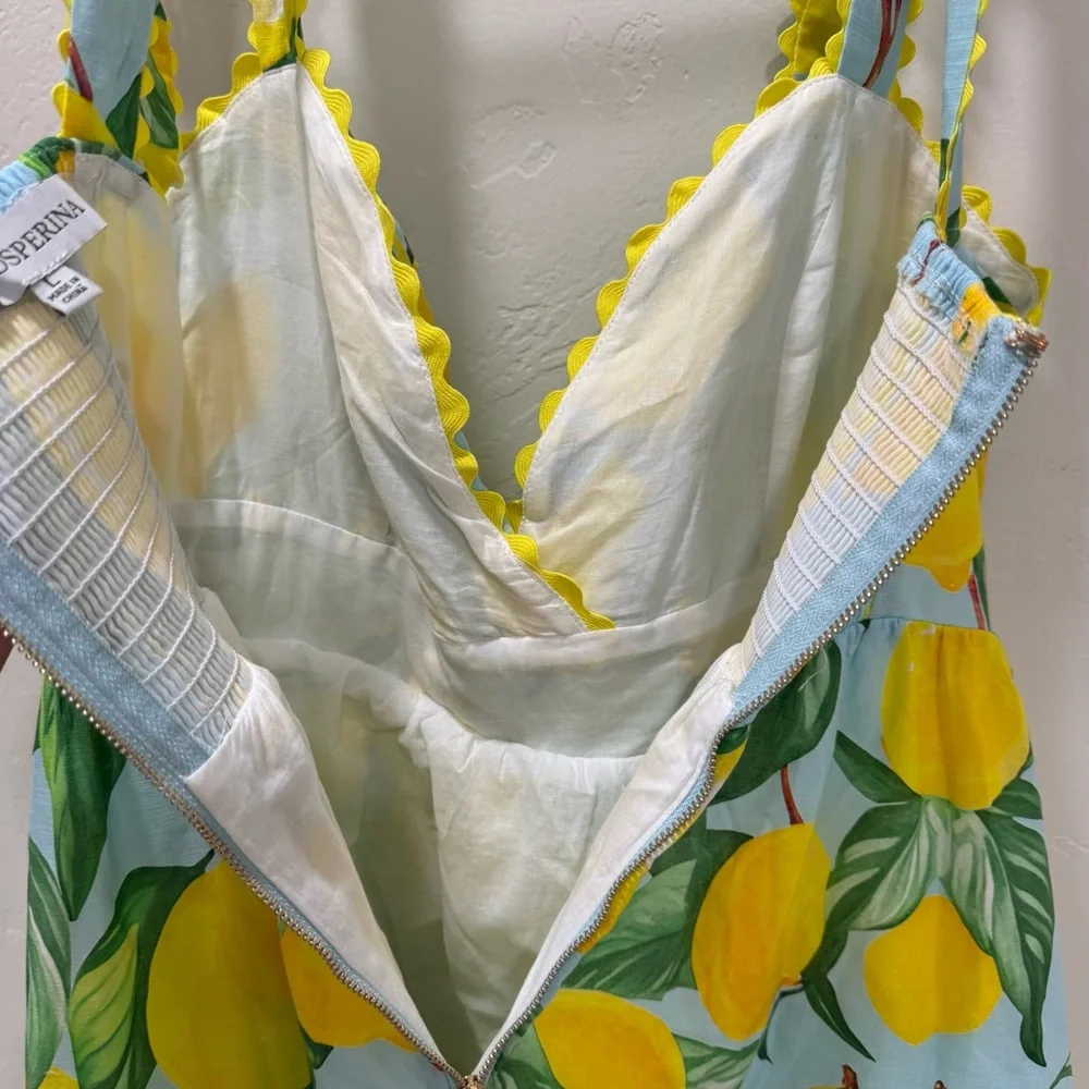 EUC Prosperina Caterina Blue Lemon Print Linen Cotton Midi Dress Women's Large - Picture 9 of 15